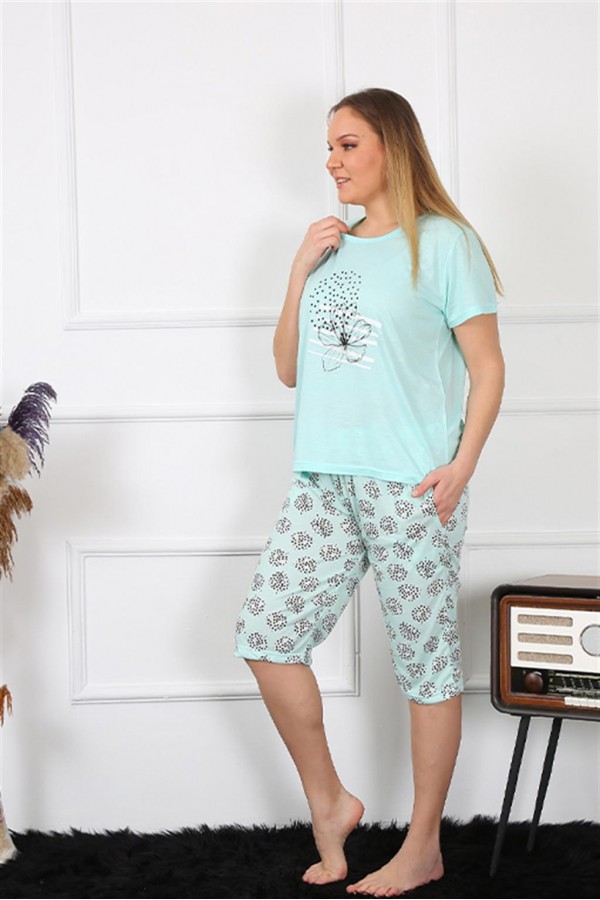Moda Çizgi Kadın Büyük Beden Viscon Su Yeşili Kapri Pijama Takım 202192