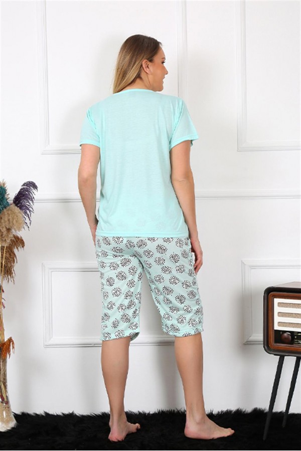 Moda Çizgi Kadın Büyük Beden Viscon Su Yeşili Kapri Pijama Takım 202192