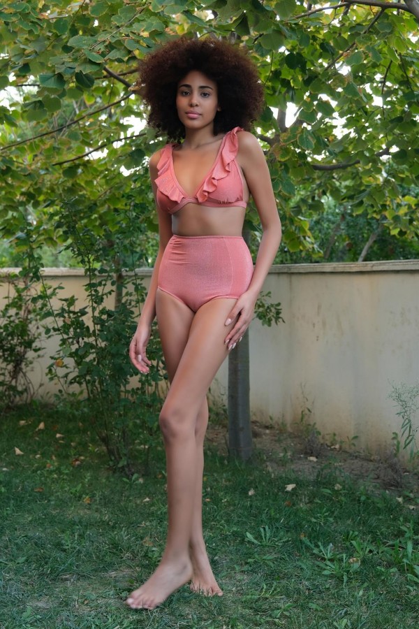 Moda Çizgi Kadın Fırfırlı Yüksek Bel Kiremit Alt Üst Bikini Takım 35010