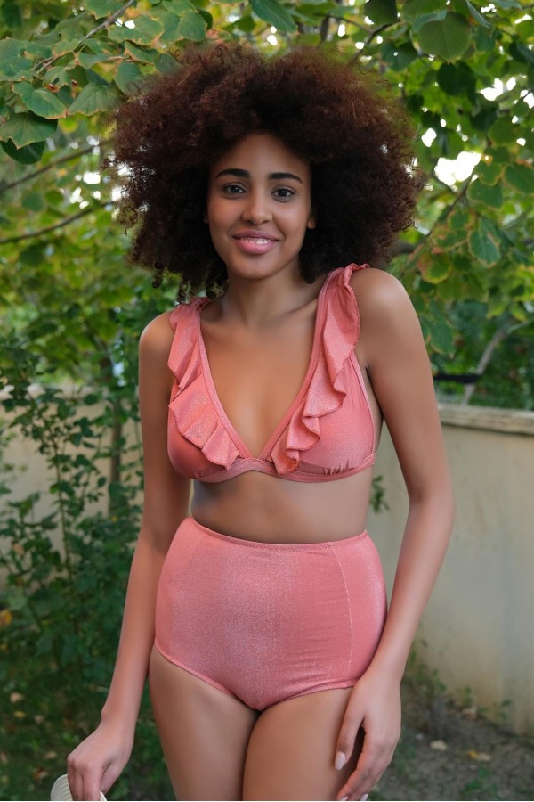 Moda Çizgi Kadın Fırfırlı Yüksek Bel Kiremit Alt Üst Bikini Takım 35010