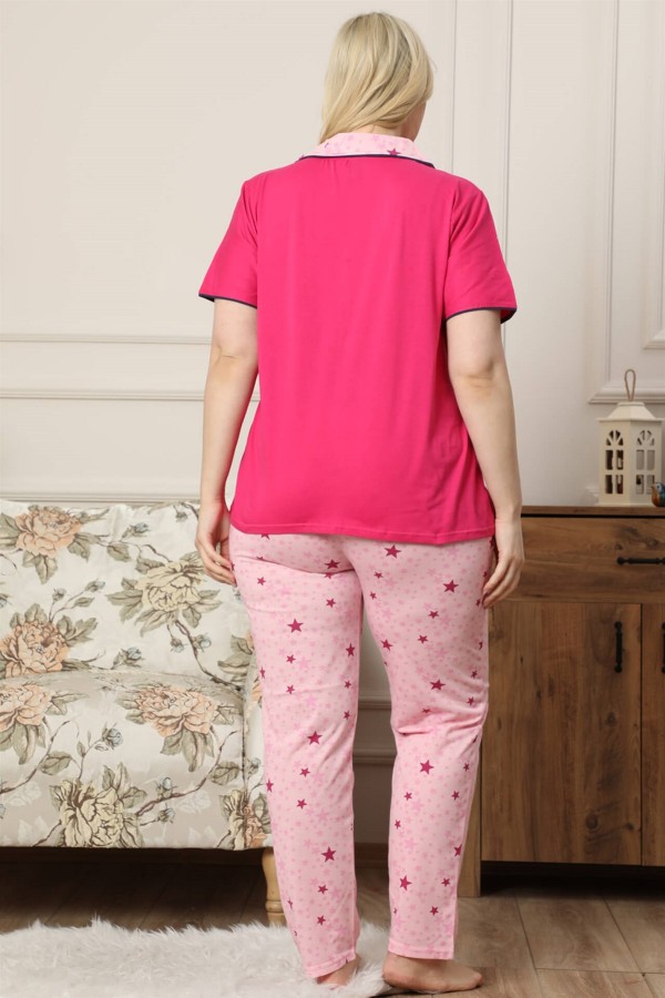 Moda Çizgi Kadın Fuşya Pamuklu Düğmeli Cepli Kısa Kol Büyük Beden Pijama Takım 202039