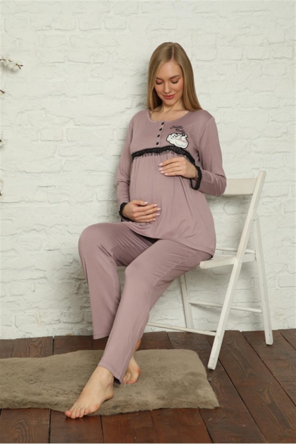 Moda Çizgi Kadın Hamile Lohusa Gül Kurusu Pijama Takımı 45201