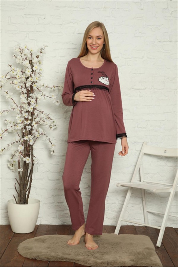 Moda Çizgi Kadın Hamile Lohusa Mürdüm  Pijama Takımı 45201