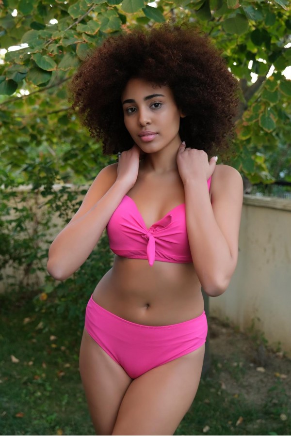 Moda Çizgi Kadın İçi Boş Fiyonklu Kaplı Fuşya Alt Üst Bikini Takım 35011