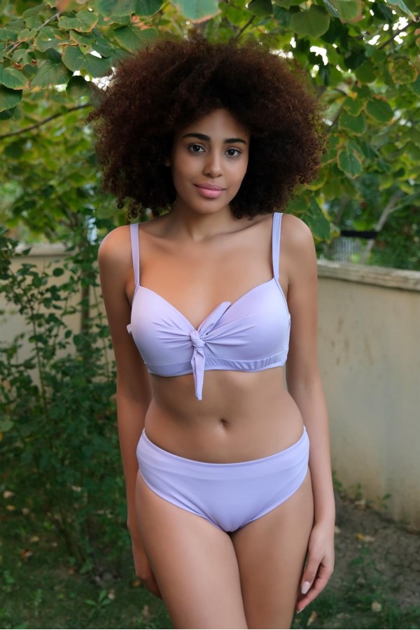 Moda Çizgi Kadın İçi Boş Fiyonklu Kaplı Lila Alt Üst Bikini Takım 35011