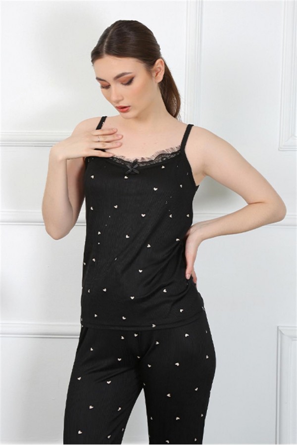 Moda Çizgi Kadın İp Askılı Siyah Pijama Takım 4138