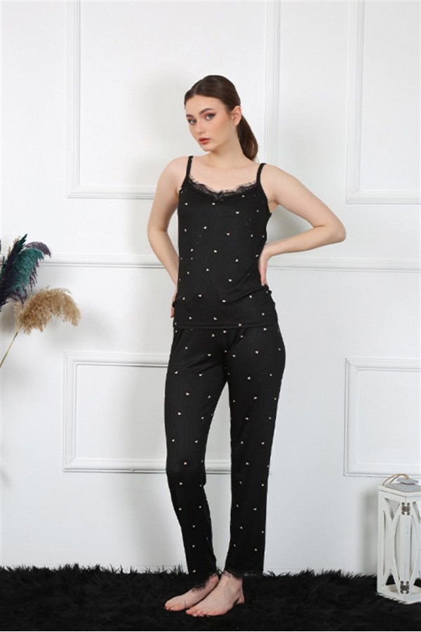 Moda Çizgi Kadın İp Askılı Siyah Pijama Takım 4138