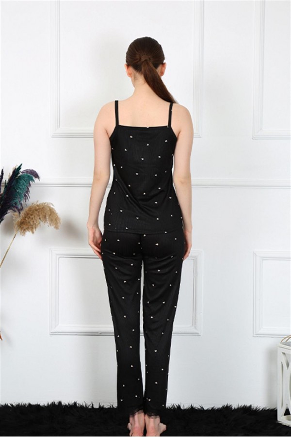 Moda Çizgi Kadın İp Askılı Siyah Pijama Takım 4138