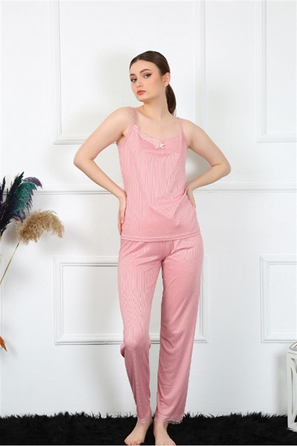 Moda Çizgi Kadın İp Askılı Somon Pijama Takım 4136