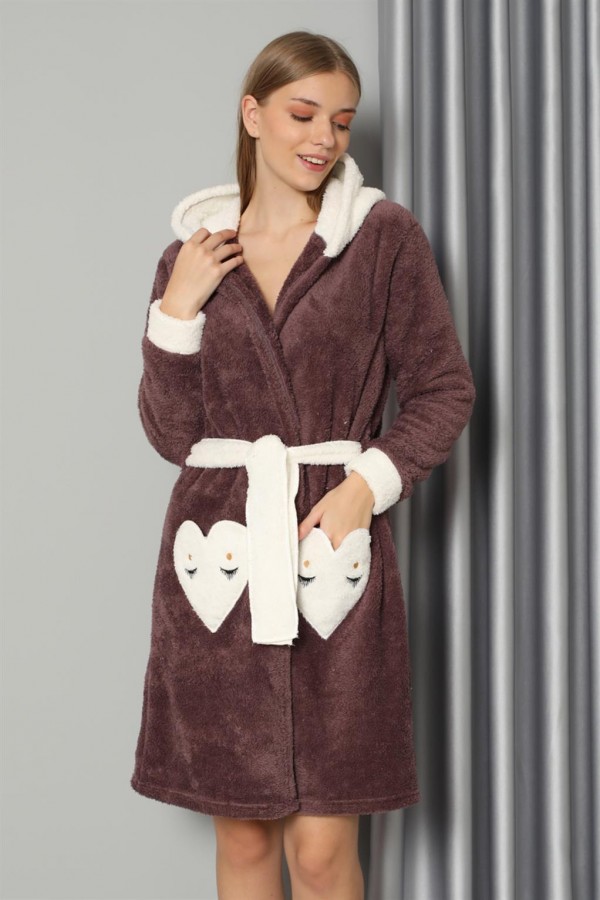 Moda Çizgi Kadın Kahve Rengi Welsoft Polar Sabahlık 20573