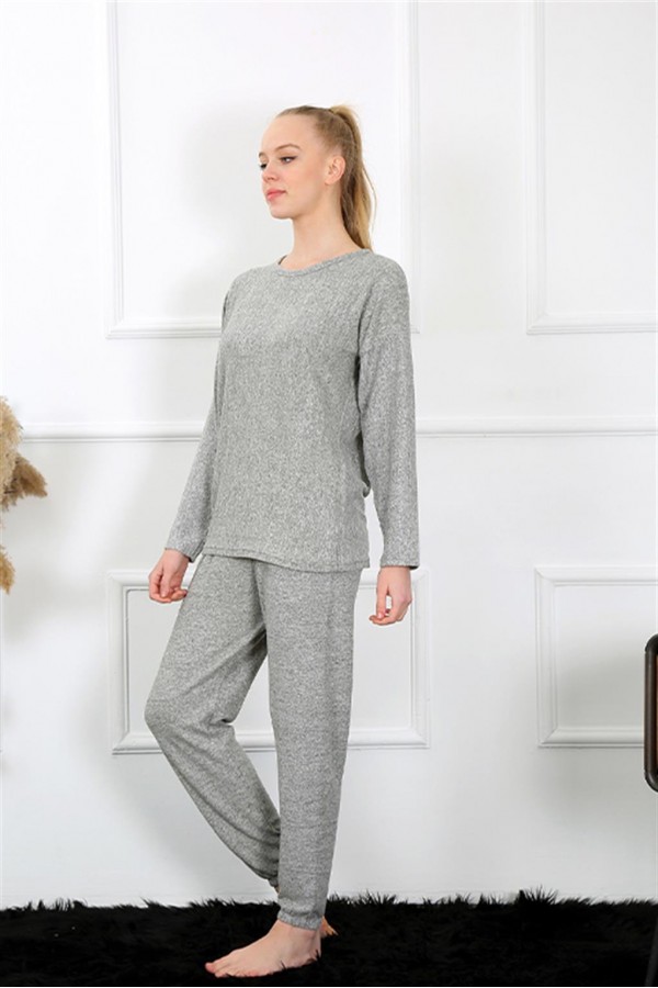 Moda Çizgi Kadın Kalın Uzun Kol Penye Gri Pijama Takım 4131