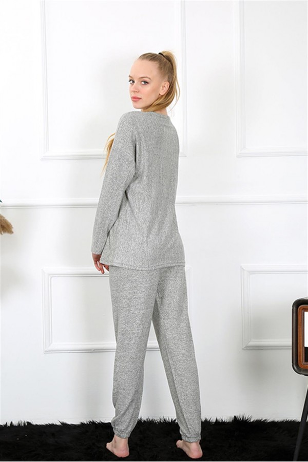 Moda Çizgi Kadın Kalın Uzun Kol Penye Gri Pijama Takım 4131
