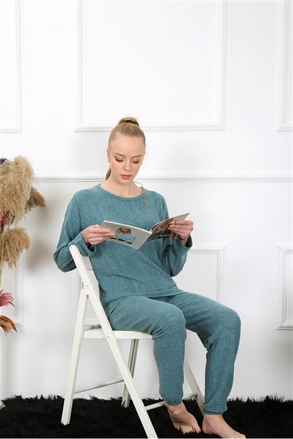 Moda Çizgi Kadın Kalın Uzun Kol Penye İndigo Pijama Takım 4131