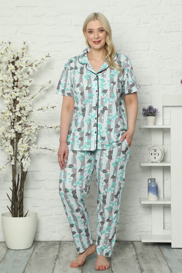 Kadın Pamuklu Cepli Kısa Kol Büyük Beden Pijama Takım 202026