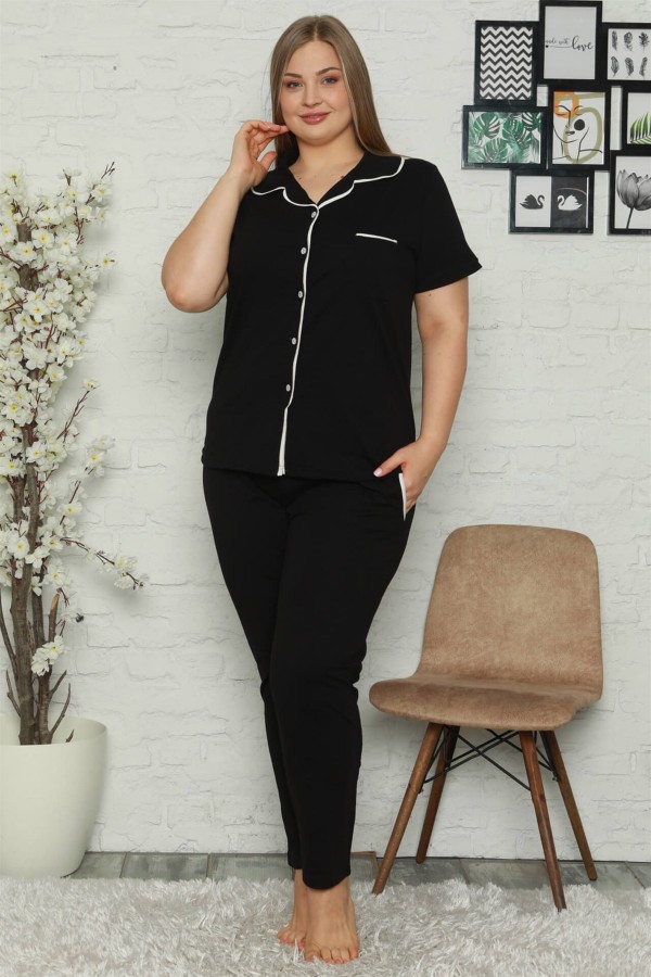 Moda Çizgi Kadın Pamuklu Cepli Kısa Kol Büyük Beden Pijama Takım 202062