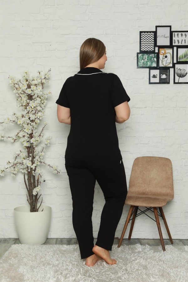 Moda Çizgi Kadın Pamuklu Cepli Kısa Kol Büyük Beden Pijama Takım 202062