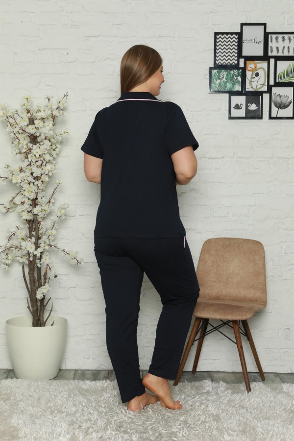 Moda Çizgi Kadın Pamuklu Cepli Kısa Kol Büyük Beden Pijama Takım 202064