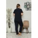 Moda Çizgi Kadın Pamuklu Cepli Kısa Kol Büyük Beden Pijama Takım 202064
