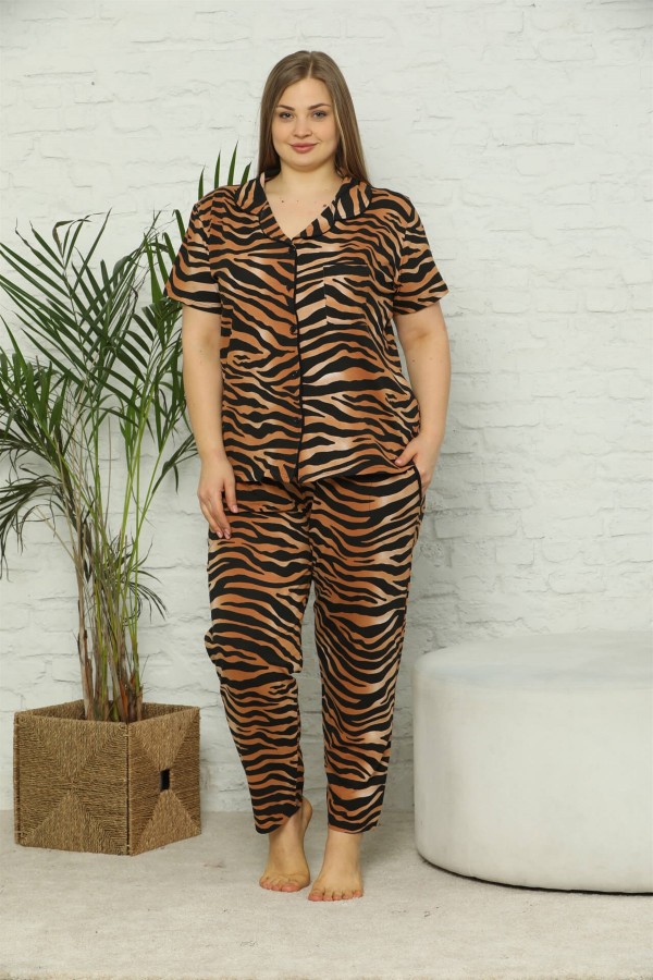 Moda Çizgi Kadın Pamuklu Cepli Kısa Kol Büyük Beden Pijama Takım 202077