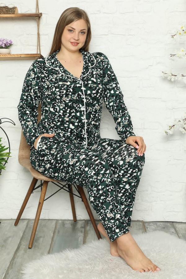 Moda Çizgi Kadın Pamuklu Cepli Uzun Kol Büyük Beden Pijama Takım 202046