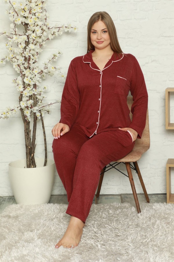 Moda Çizgi Kadın Pamuklu Cepli Uzun Kol Büyük Beden Pijama Takım 202051