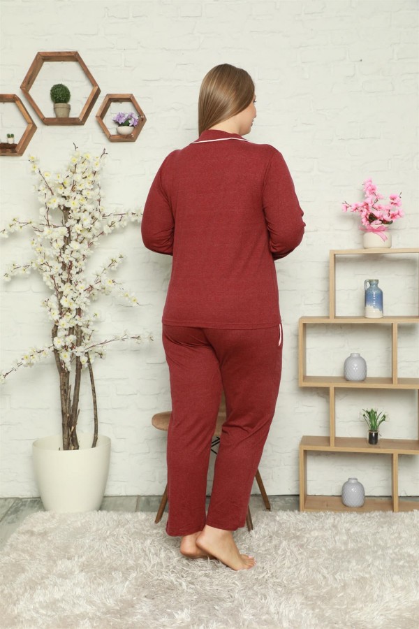 Moda Çizgi Kadın Pamuklu Cepli Uzun Kol Büyük Beden Pijama Takım 202051