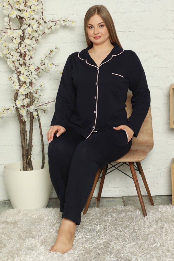 Moda Çizgi Kadın Pamuklu Cepli Uzun Kol Büyük Beden Pijama Takım 202052