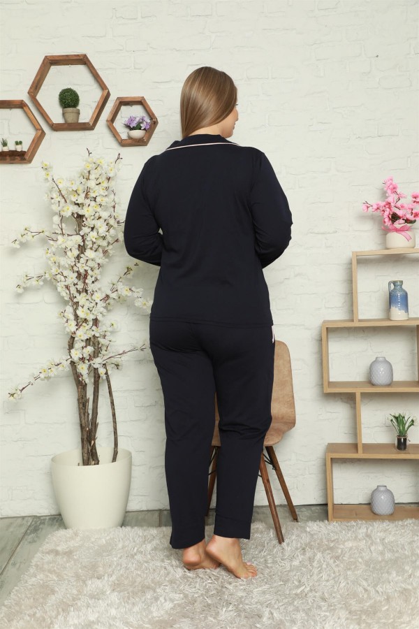 Moda Çizgi Kadın Pamuklu Cepli Uzun Kol Büyük Beden Pijama Takım 202052