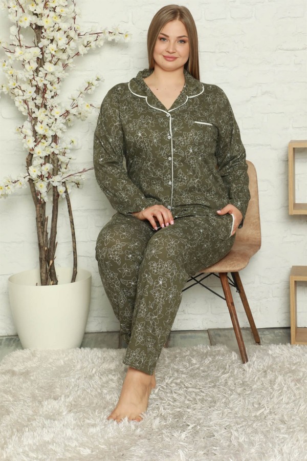 Moda Çizgi Kadın Pamuklu Cepli Uzun Kol Büyük Beden Pijama Takım 202055