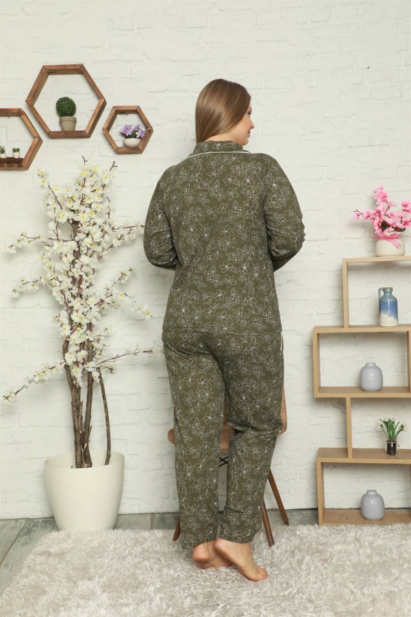 Moda Çizgi Kadın Pamuklu Cepli Uzun Kol Büyük Beden Pijama Takım 202055
