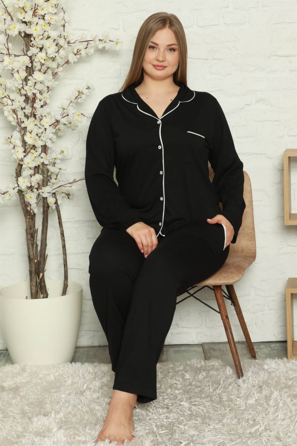 Moda Çizgi Kadın Pamuklu Cepli Uzun Kol Büyük Beden Pijama Takım 202057