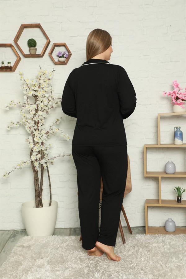 Moda Çizgi Kadın Pamuklu Cepli Uzun Kol Büyük Beden Pijama Takım 202057