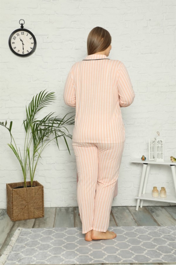 Moda Çizgi Kadın Pamuklu Cepli Uzun Kol Büyük Beden Pijama Takım 202098