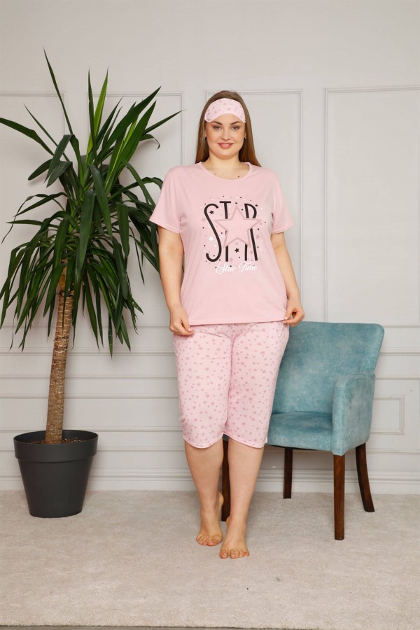 Kadın Pamuklu Kısa Kol Büyük Beden Kapri Pijama Takım 202088