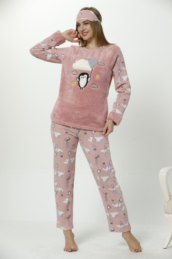 Moda Çizgi Kadın  Penguen Desenli Somon Vizon Polar Pijama Takımı 8053