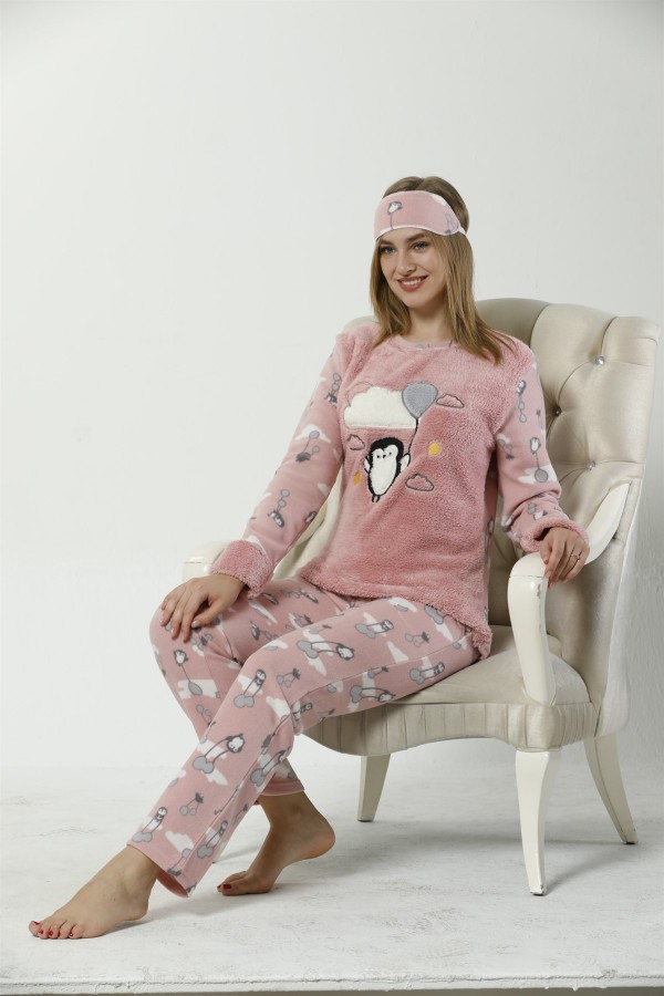 Moda Çizgi Kadın  Penguen Desenli Somon Vizon Polar Pijama Takımı 8053