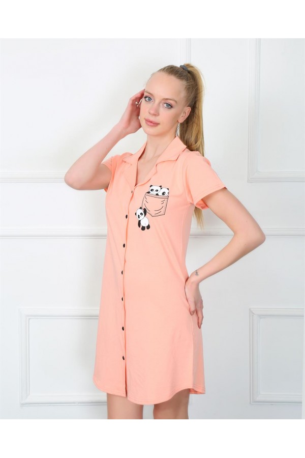 Moda Çizgi Kadın Penye Önden Düğmeli Pembe Tunik Gecelik 1032