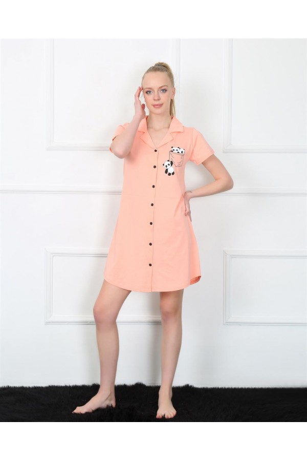 Moda Çizgi Kadın Penye Önden Düğmeli Pembe Tunik Gecelik 1032