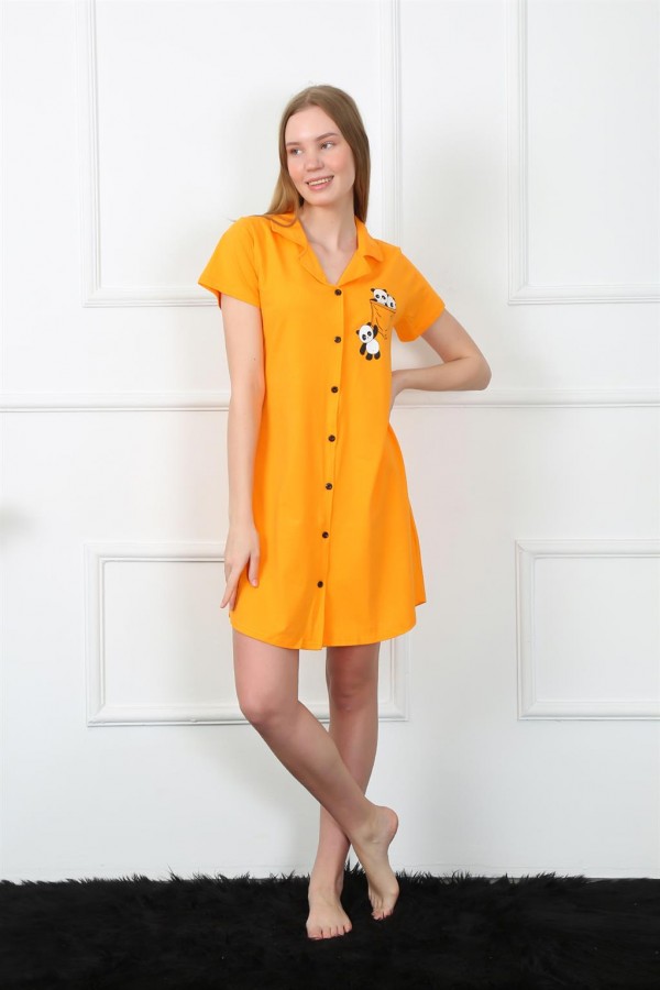 Moda Çizgi Kadın Penye Önden Düğmeli Sarı Tunik Gecelik 1032