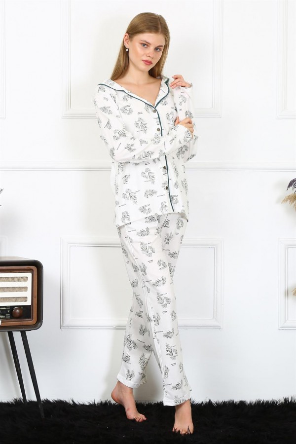 Moda Çizgi Kadın Penye Uzun Kol Önden Düğmeli Pijama Takım 2777