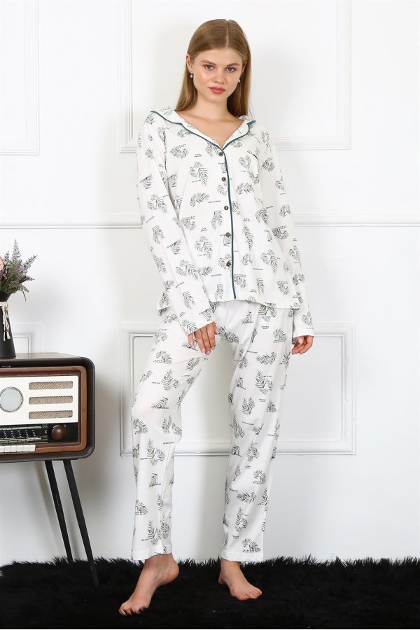 Moda Çizgi Kadın Penye Uzun Kol Önden Düğmeli Pijama Takım 2777