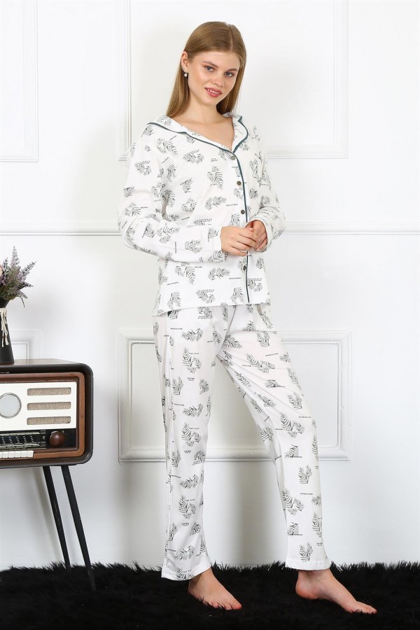 Moda Çizgi Kadın Penye Uzun Kol Önden Düğmeli Pijama Takım 2777