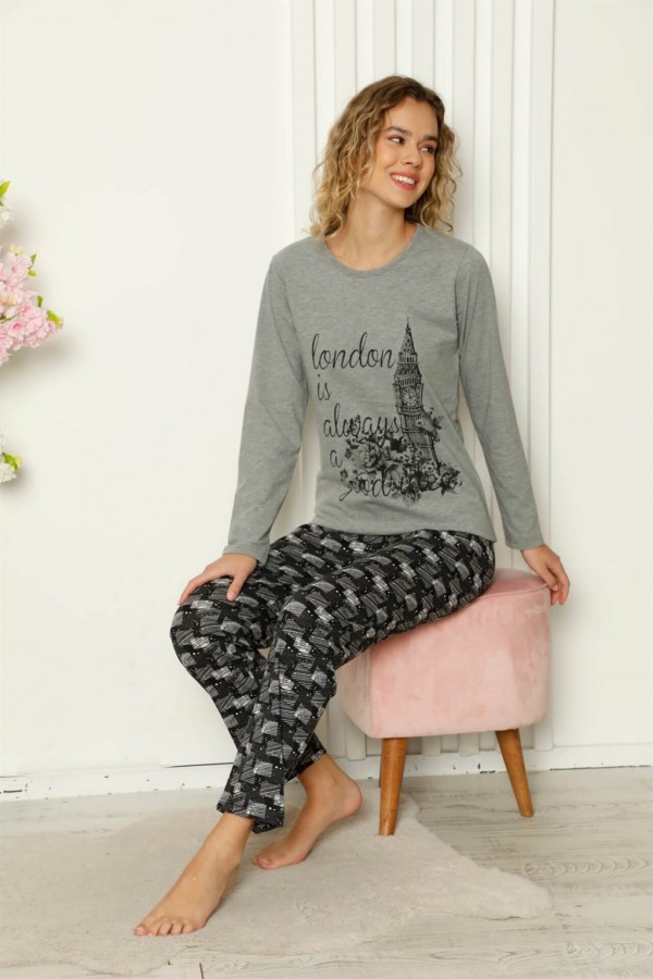 Moda Çizgi Kadın Penye Uzun Kol Pijama Takım 4107