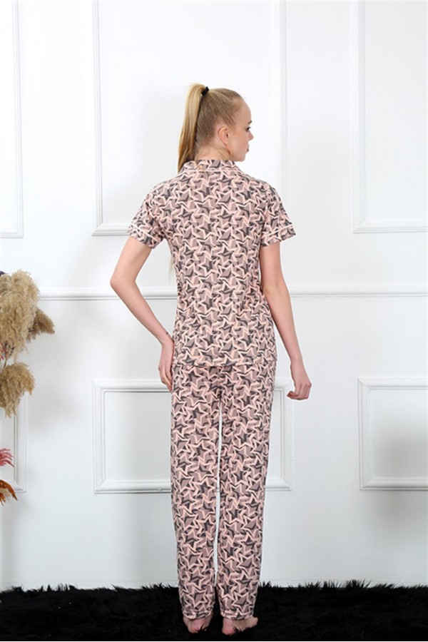 Moda Çizgi Kadın Pudra Önden Düğmeli Kısa Kol Pijama Takım 2844