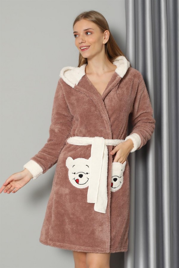 Moda Çizgi Kadın Sütlü Kahve Welsoft Polar Sabahlık 20573