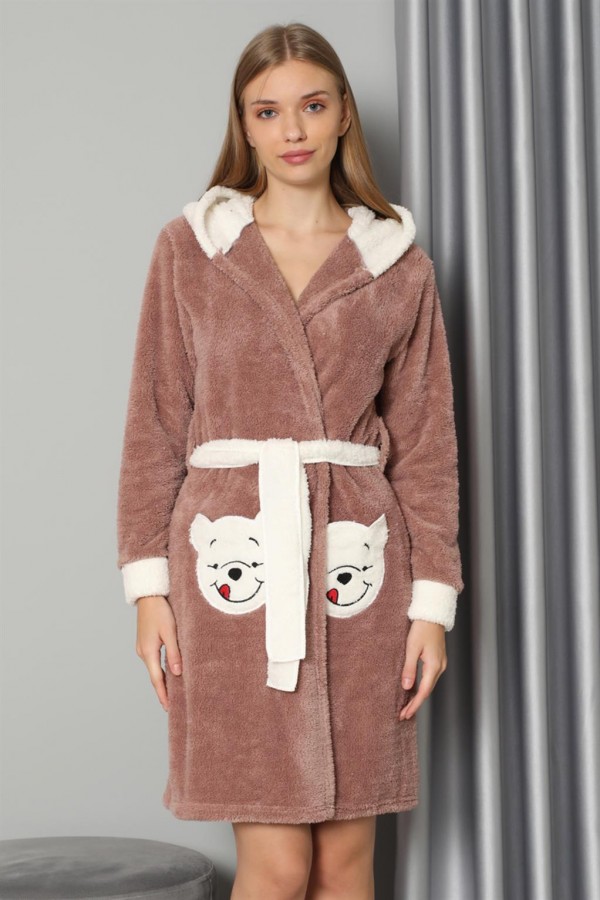 Moda Çizgi Kadın Sütlü Kahve Welsoft Polar Sabahlık 20573