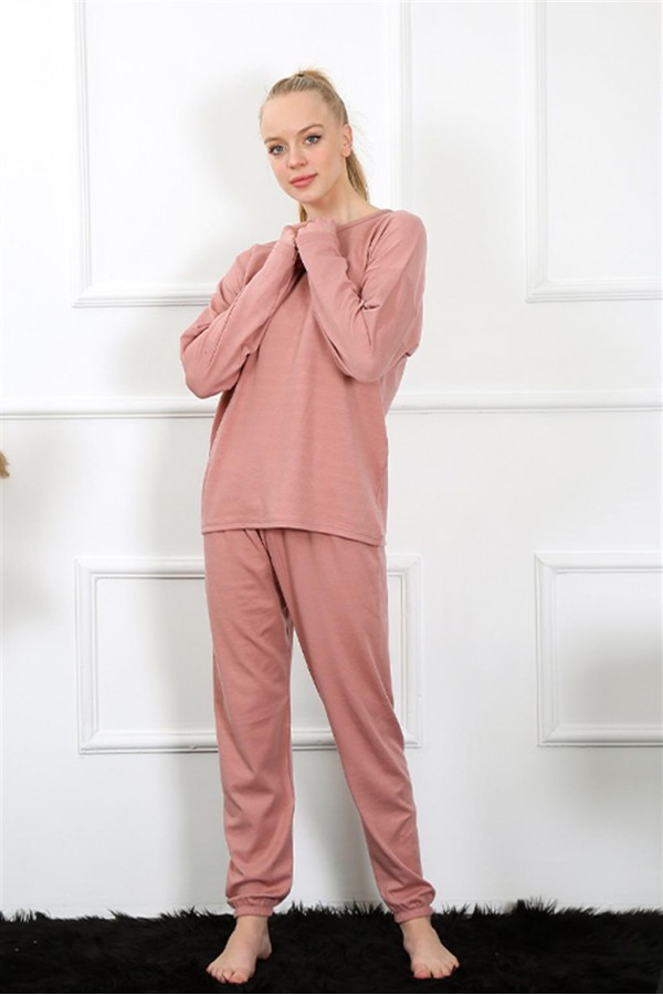 Moda Çizgi Kadın Uzun Kol Penye Gül Kurusu Pijama Takım 4132