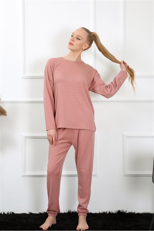 Moda Çizgi Kadın Uzun Kol Penye Gül Kurusu Pijama Takım 4132