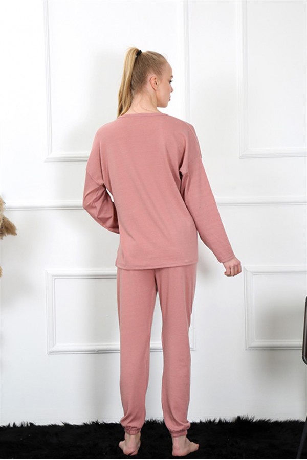Moda Çizgi Kadın Uzun Kol Penye Gül Kurusu Pijama Takım 4132