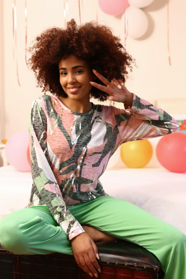 Moda Çizgi Kadın Uzun Kol Penye Pijama Takım 4201